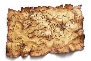 An antique-style treasure map featuring intricate details and a weathered look. photo