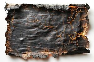 A close-up of an abstract piece of charred wood, showcasing intricate cracks and glowing lines against a stark white background. photo