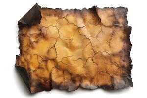 Aged, weathered parchment with intricate cracks and charred edges, evoking a sense of history and adventure. photo