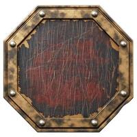 An aged, octagonal shield with scratches and a weathered finish, evoking a sense of historical battles. photo