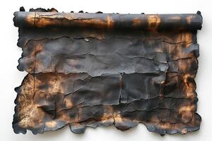 Artistic depiction of a burnt scroll, showcasing intricate texture and a blend of black and gold hues. photo