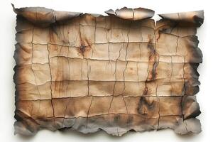 Aged parchment paper with a burnt edge, showcasing a textured surface with deep cracks and a rustic appearance. photo
