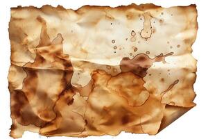 An aged, crumpled piece of parchment with varied brown stains and textures, adding to its antique allure. photo