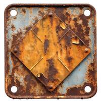 A weathered, rusty metal sign with a diamond shape in the center, showcasing layers of peeling paint. photo