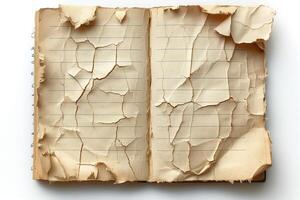 An open, weathered notebook exhibiting a textured, cracked cover and aged, yellowed pages. photo