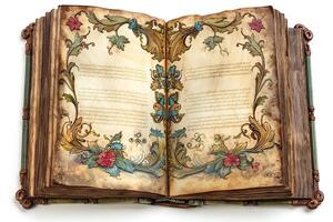 An ornate, open vintage book featuring intricate floral and butterfly illustrations on each page. photo
