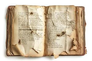 An old, worn-out book with yellowed, fragile pages, revealing faded handwritten text and a sense of nostalgia. photo