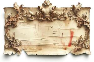 A vintage ornate plaque with intricate carvings and a weathered surface, showcasing timeless artistry. photo