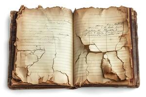An aged and cracked open book, showcasing yellowed pages and visible wear, evoking a sense of nostalgia and history. photo