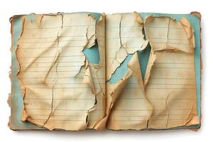 An old, torn notebook featuring crinkled pages with faded lines, evoking a sense of nostalgia and timelessness. photo