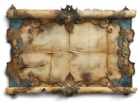 An ornate, vintage-style scroll with intricate borders, showcasing rich hues of blue and brown, perfect for a historical theme. photo