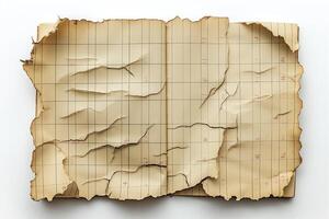 An aged, torn ledger book with a distressed cover and yellowed pages, evoking a sense of history and nostalgia. photo