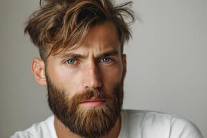 Close-up portrait of a young Caucasian man with a thick beard and striking blue eyes, exuding confidence and authenticity. photo