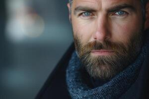 Close-up of a rugged Caucasian man with piercing blue eyes and a stylish beard, exuding confidence and strength. photo