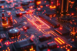 A close-up view of a glowing circuit board with intricate patterns and vibrant neon colors. photo
