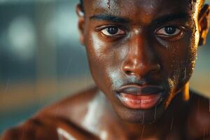 Close-up portrait of a young Black male with glistening skin, capturing the intensity of his expression amidst falling raindrops. photo
