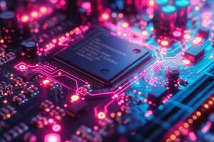 Abstract close-up of a vibrant circuit board with glowing lights and intricate patterns. photo