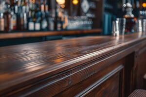 A close-up view of a polished wooden bar top, exuding warmth and inviting atmosphere in a bar setting. photo
