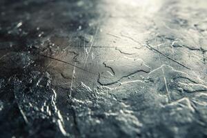 Close-up of textured dark surface with scratches and reflections, creating a moody and industrial feel. photo