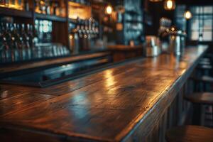 A cozy bar interior with a warm wooden counter and soft lighting, creating an inviting atmosphere for socializing. photo