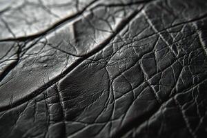 Close-up of textured black leather showcasing intricate creases and patterns. photo