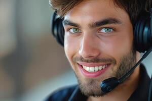 Young Caucasian male with headset, smiling confidently while providing customer service. photo