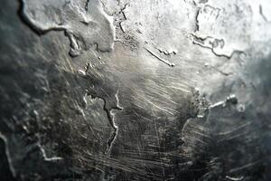 Close-up of textured metallic surface with scratches and patterns, creating an industrial feel. photo