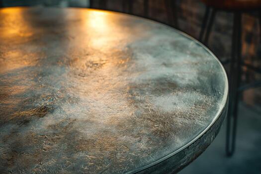 A close-up of a textured metallic tabletop reflecting warm lights, creating an inviting atmosphere. photo