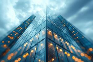 A striking view of modern glass skyscrapers reaching into a cloudy sky, illuminated by warm lights at dusk. photo