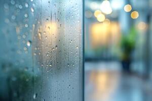 A close-up of raindrops on a glass surface, creating a moody atmosphere with soft bokeh in the background. photo