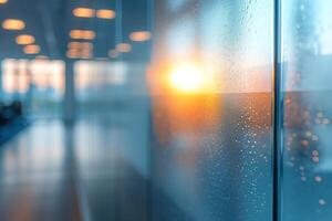 A beautiful sunset reflecting through a rain-splattered office window, creating a serene atmosphere. photo