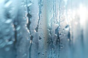 Close-up of condensation droplets on a blue glass surface, creating a serene and dreamy atmosphere. photo