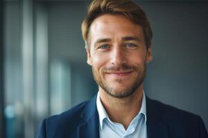 Confident Caucasian man with a friendly smile, dressed in a suit, exuding professionalism and approachability. photo