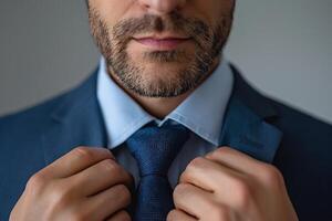 Businessman adjusting his tie, exuding confidence and professionalism in a tailored suit. photo