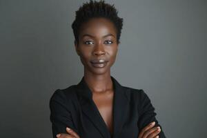 Confident Black woman in a tailored blazer, showcasing poise and determination against a muted background. photo