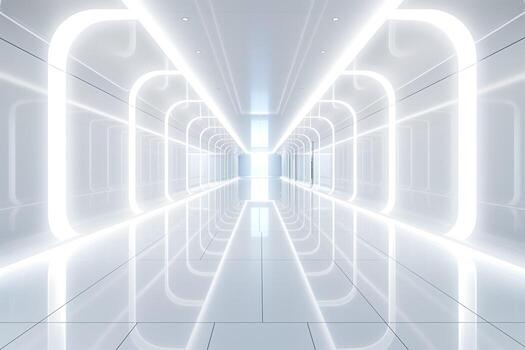 futurista pasillo con pulcro blanco Encendiendo y reflexivo superficies creando un moderno, minimalista atmósfera. foto