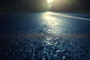 A close-up view of a wet asphalt road glistening in the soft sunlight, creating a serene and reflective atmosphere. photo