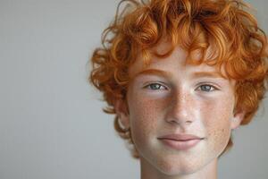 A close-up portrait of a cheerful teenage boy with curly red hair and freckles, displaying a bright smile and warm eyes. photo