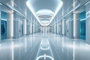A futuristic hallway with sleek, glossy surfaces and ambient lighting, creating a modern and technological atmosphere. photo