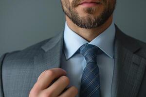 Close-up of a handsome man adjusting his tie while wearing a gray suit and a light blue shirt. photo