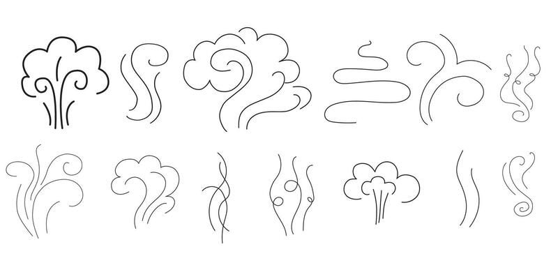 Steam and smoke lines icons set. Air wind and scent linear collection, heat waves or aroma from cooking food and hot coffee, gas and fumes. Steam swirls icons of doodle style illustration
