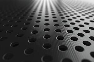 Abstract close-up of a textured metallic surface with circular holes, creating a dynamic visual effect in shades of gray. photo