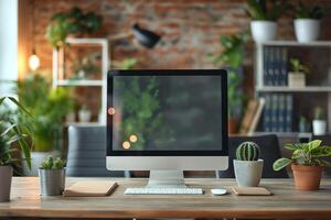 A modern workspace featuring an empty monitor, surrounded by lush greenery and decorative plants. photo