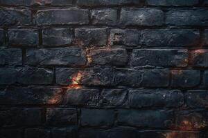 Textured black brick wall with subtle warm highlights, creating an industrial and moody atmosphere. photo