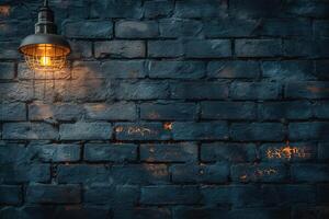 A warm light fixture hanging against a textured blue brick wall, enhancing the atmosphere with a rustic charm. photo