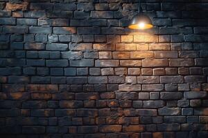 A dimly lit brick wall with a warm pendant light casting shadows, creating a cozy atmosphere. photo
