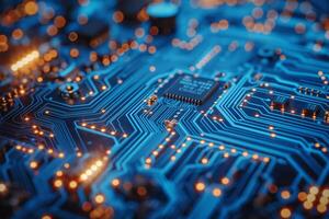 Close-up of a blue printed circuit board with illuminated pathways and microchips, showcasing modern technology. photo