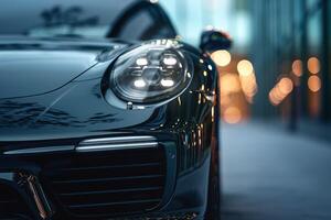 Close-up of a sleek black sports car's headlight, illuminated against a bokeh background, showcasing elegance and modern design. photo