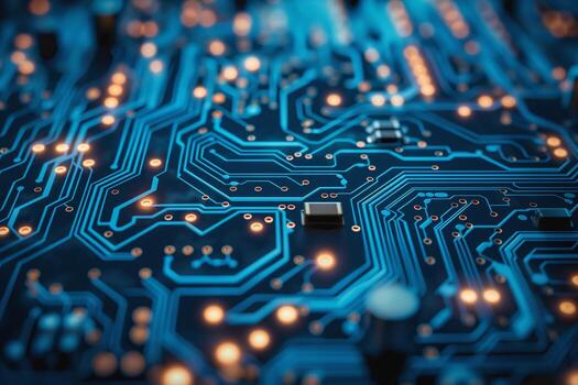 Close-up view of intricate blue circuit board with glowing lights, showcasing modern technology and design. photo