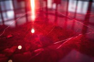 Close-up shot of a polished red marble surface with intricate veining and reflective sheen. photo